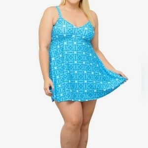 NWT $60 Noon 1 Piece Swim Skirted Bathing Suit White Blue Mosaic Casey Key 18